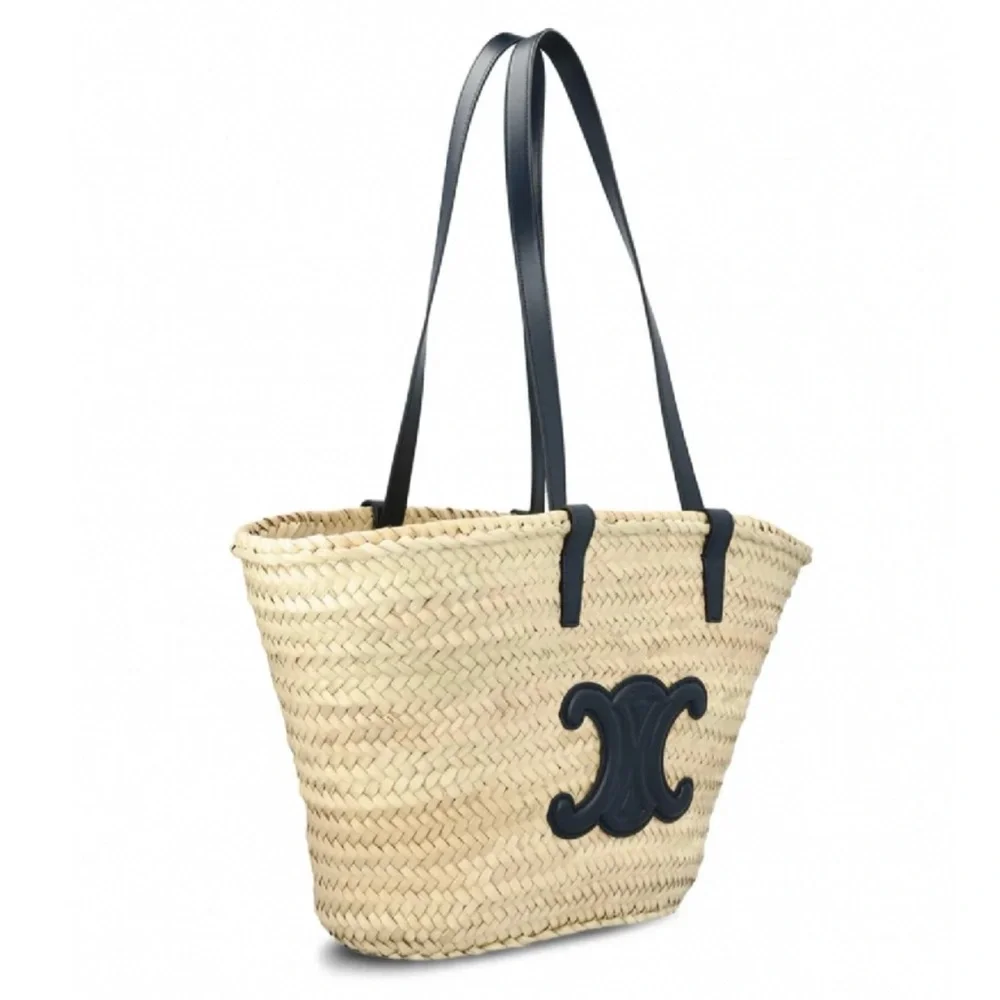 CELINE Triomphe logo leather trimmed raffia tote shoulder bag - Picture 3 of 10